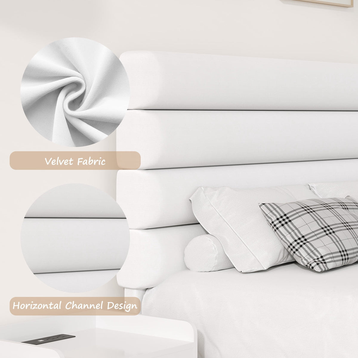 4 Ever Winner Twin Size Platform Bed Frame with Velvet Upholstered Headboard and Wooden Slats Support, Fully Upholstered Mattress Foundation, Noise-Free, No Box Spring Needed, Easy Assembly, White