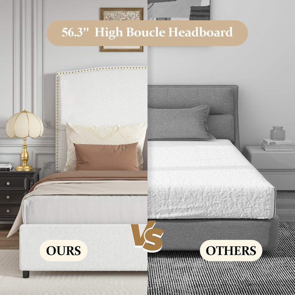 4 EVER WINNER King Bed Frame with 56" Tall Headboard, White King Bed Frame with Nailhead Trim Headboard, King Size Upholstered Platform Bed, White