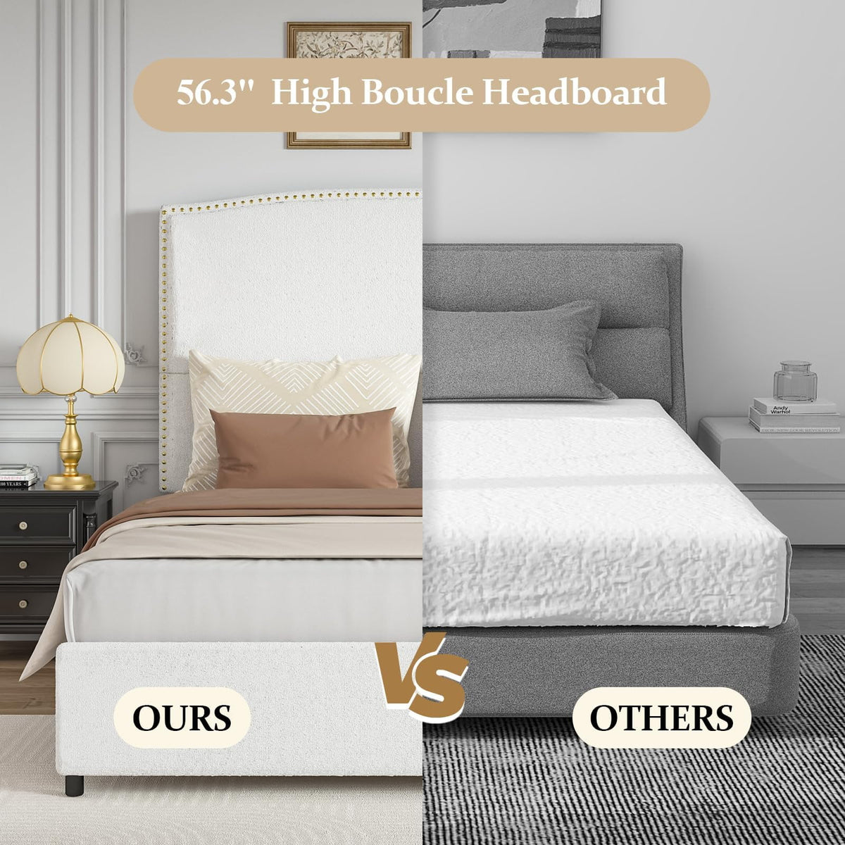 4 EVER WINNER King Bed Frame with 56" Tall Headboard, White King Bed Frame with Nailhead Trim Headboard, King Size Upholstered Platform Bed, White