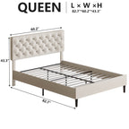 4 Ever Winner Queen Size Bed Frame, Upholstered Platform Bed with Headboard, Button Tufted Headboard, White
