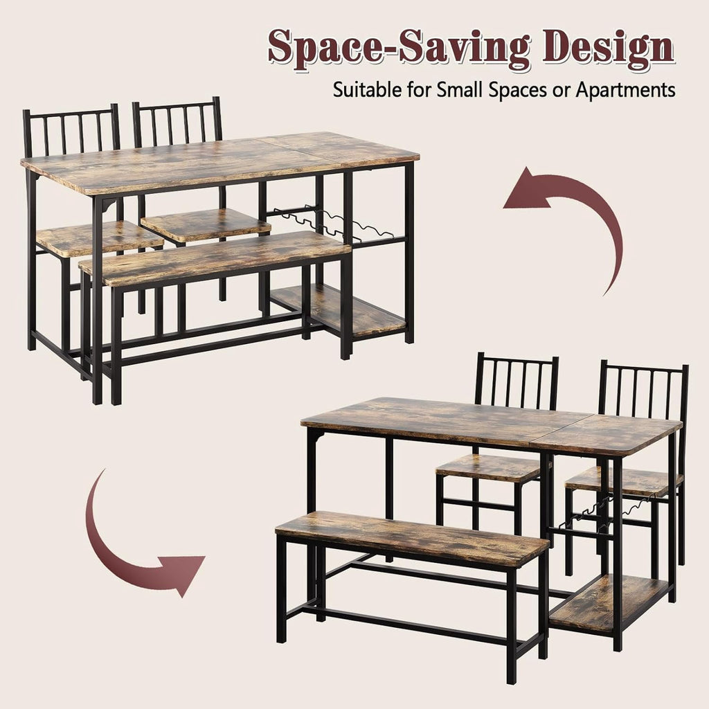 Catrimown Dining Table Set for 4 with Bench, 55 Inch Kitchen Set with Wine Rack, Glass Holder & Storage Shelves, Space Saving Dining Furniture for Home Apartment, Rustic Brown