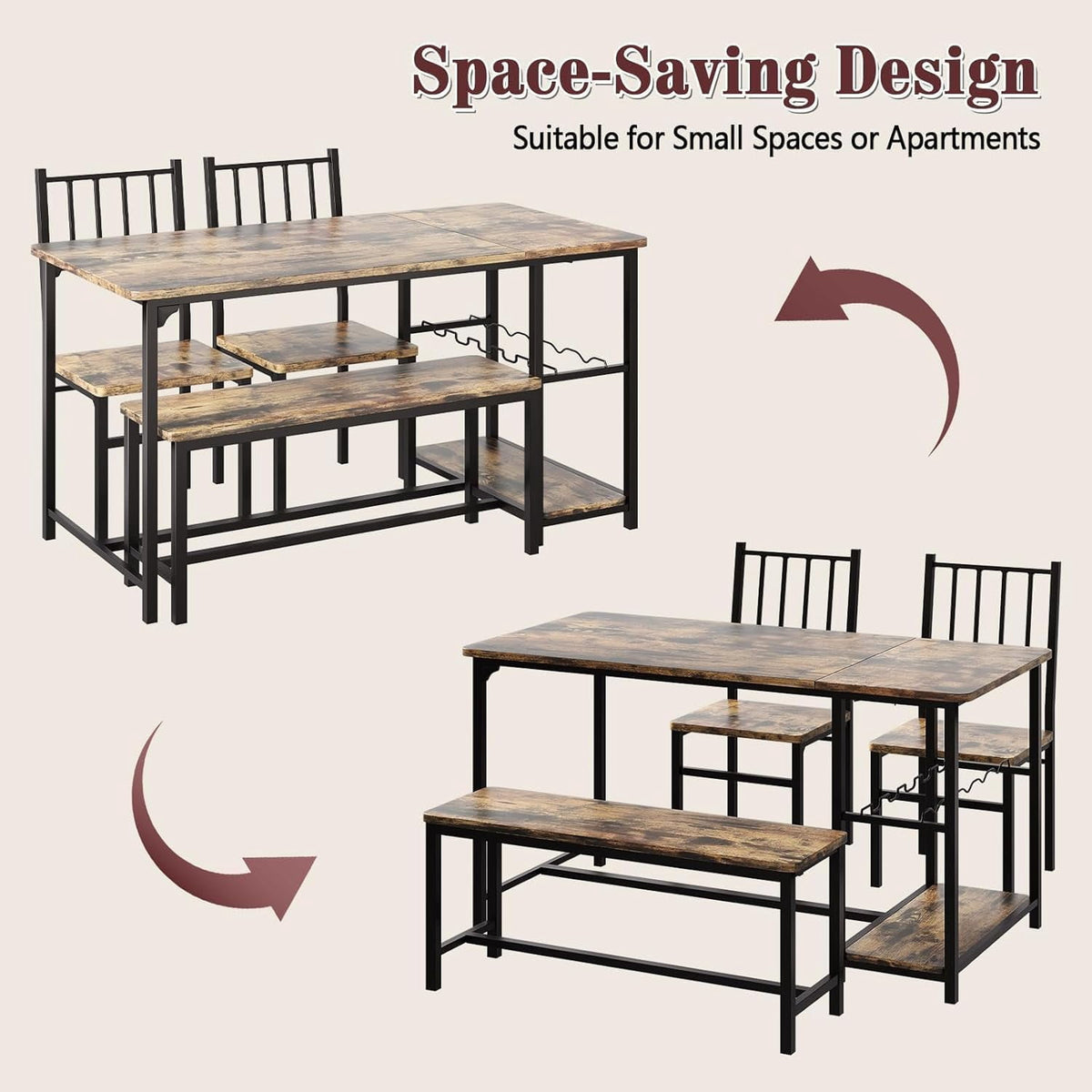 Catrimown Dining Table Set for 4 with Bench, 55 Inch Kitchen Set with Wine Rack, Glass Holder & Storage Shelves, Space Saving Dining Furniture for Home Apartment, Rustic Brown