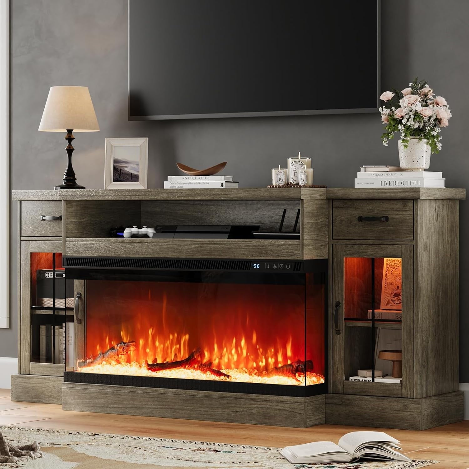 4 EVER WINNER Fireplace TV Stand for TVs up to 80", Farmhouse TV Stand with Electric Fireplace, Glass Door Entertainment Center with Led Light, Media Console Table for Living Room, Gray