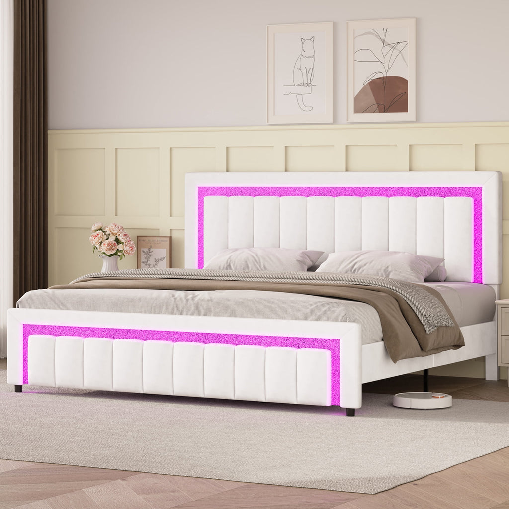 4 EVER WINNER King Size LED Bed Frame,Velvet Upholstered with Striped & Diamond Studded Headboard & Footboard, Quiet Stable Structure, No Box Spring Required¡ê?White