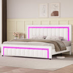 4 EVER WINNER King Size LED Bed Frame,Velvet Upholstered with Striped & Diamond Studded Headboard & Footboard, Quiet Stable Structure, No Box Spring Required¡ê?White