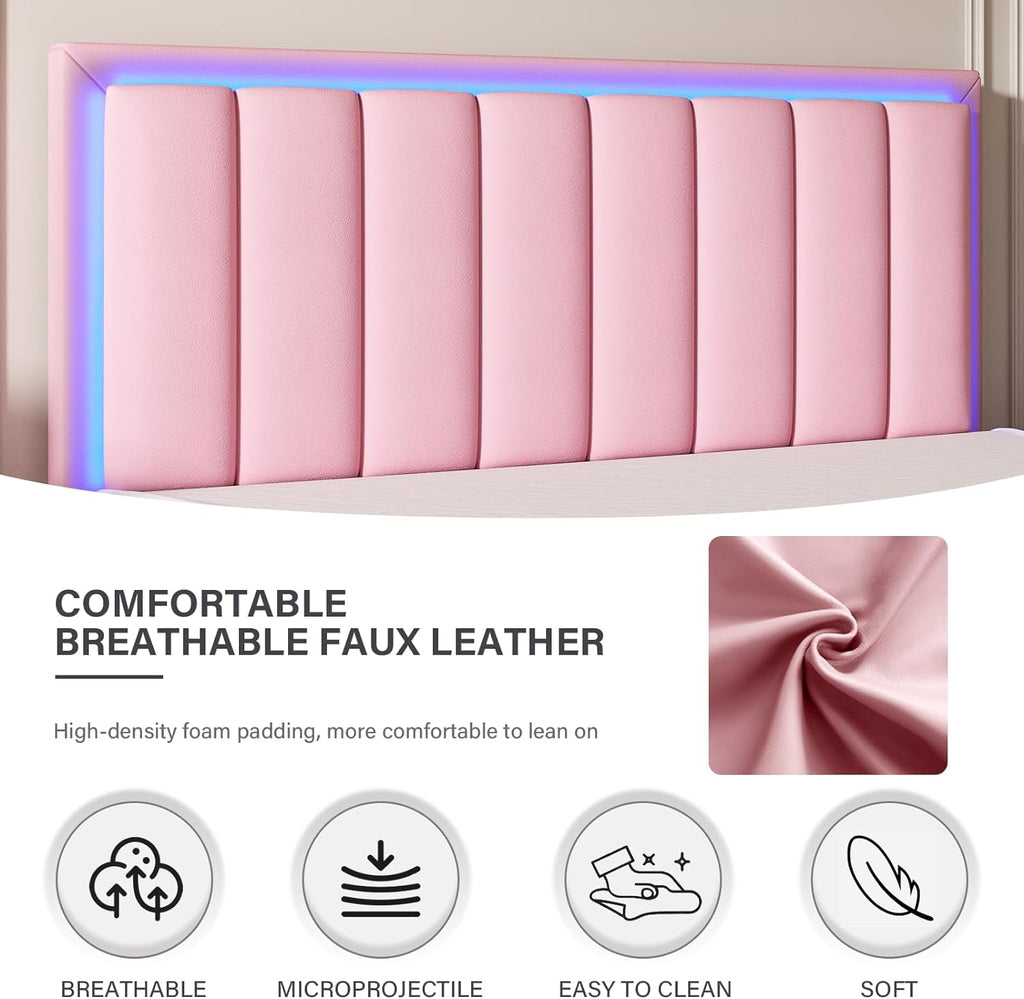 4 Ever Winner Full Size Foam and Leather Bed Frame with Durable LED Light Headboard, Pink