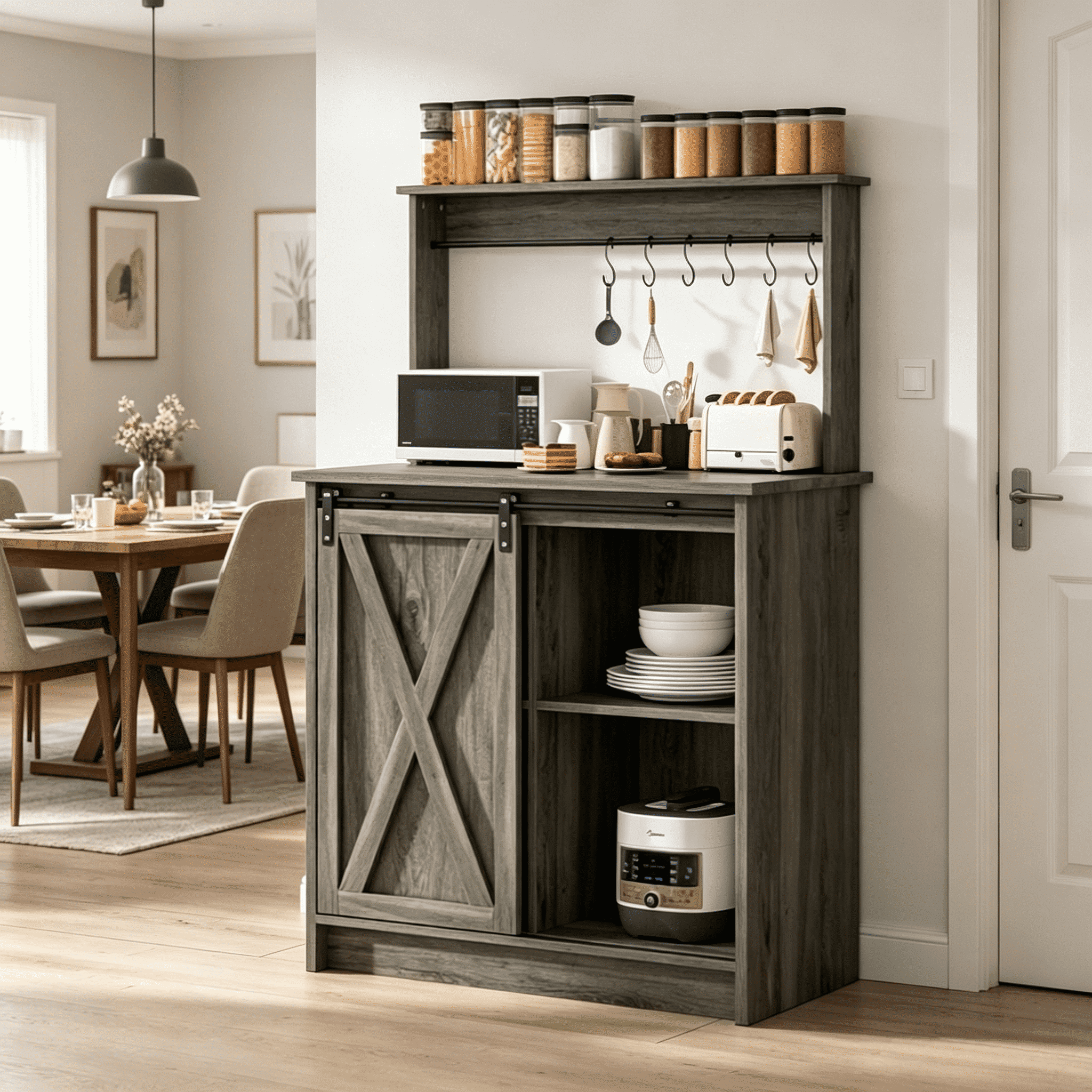 4 EVER WINNER Farmhouse Coffee Bar Cabinet, Sideboard Buffet Cabinet with Storage and Shelf, Wash Gray