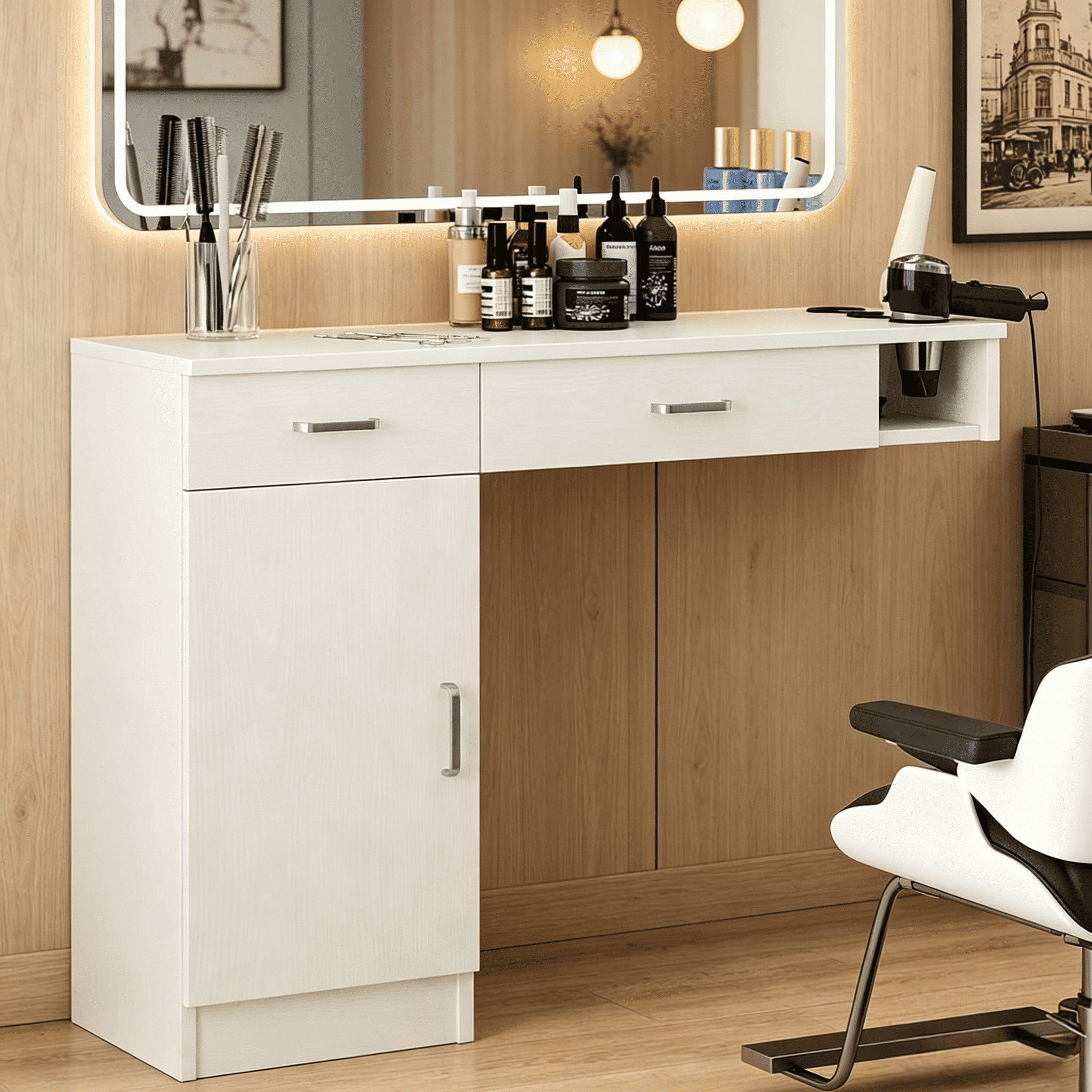 4 EVER WINNER Wall Mount Salon Stations, Barber Station with 3 Hair Dryer Holder, Beauty Salon Spa Equipment with 2 Drawers, 1 Storage Cabinet, White