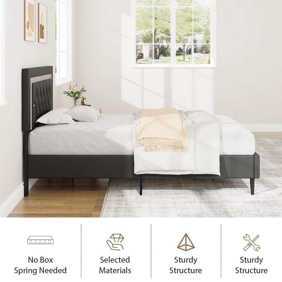 4 EVER WINNER Modern Black Twin Bed Frame with Diamond Tufted Headboard, Upholstered Platform Bed with Glitz Accent, Heavy-Duty Wood Slat Support, No Box Spring Needed, Tool-Free Assembly