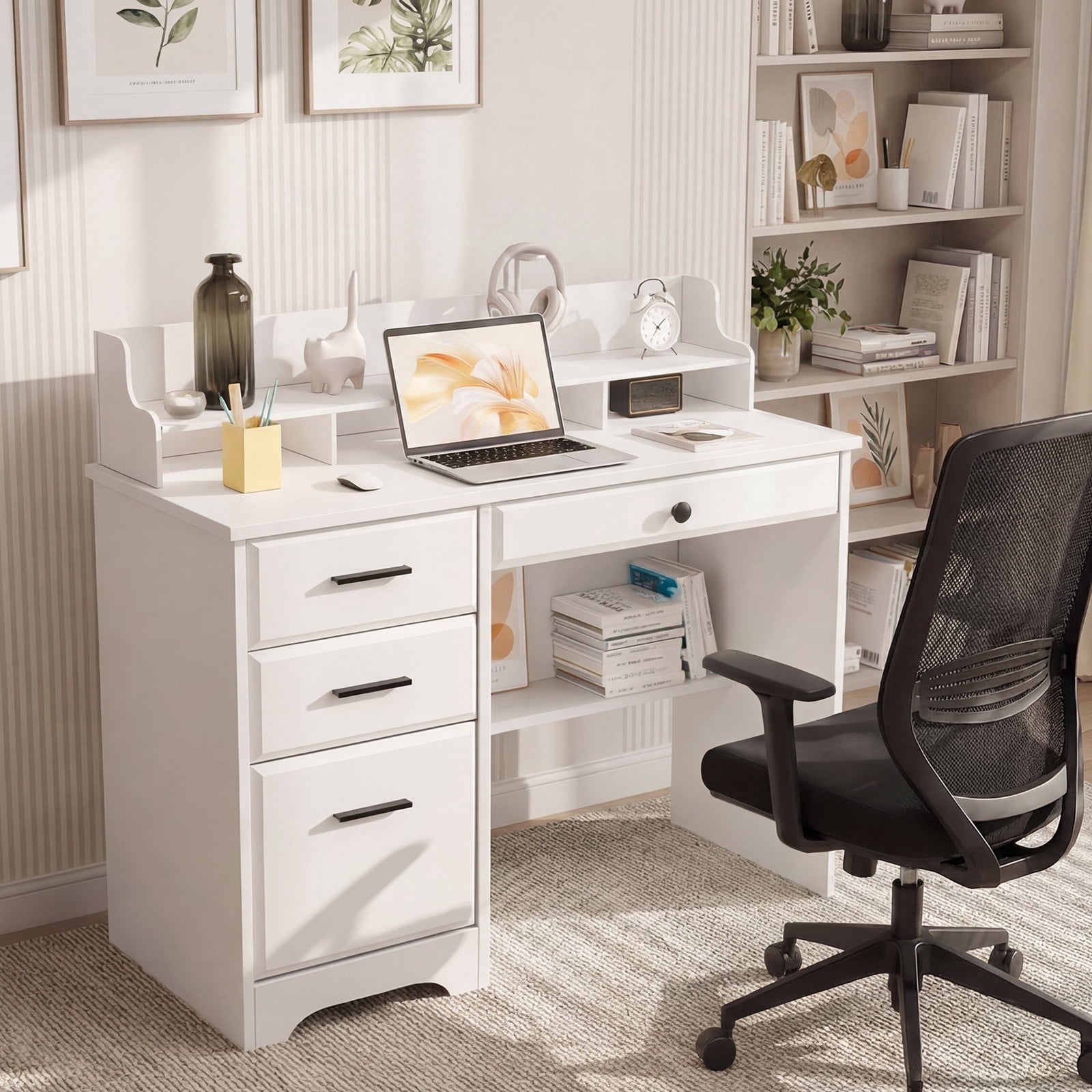 4 EVER WINNER Wooden Computer Desk with Drawers, Compact Study Writing Workstation for Small Spaces, Multipurpose Home Office Desk Suitable for BedroomHIHO000038-New-Vintage-White