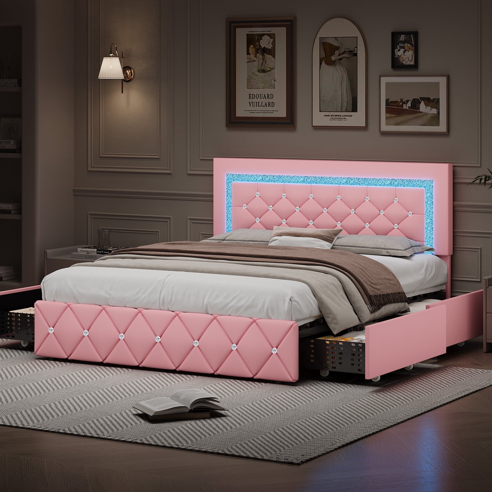 4 EVER WINNER Twin /Full/Queen/KIng Size Bed Frame, Upholstered Bed Frame with Headboard, No Box Spring Required, Easy AssemblyBE0419-XZDrawer-PQ