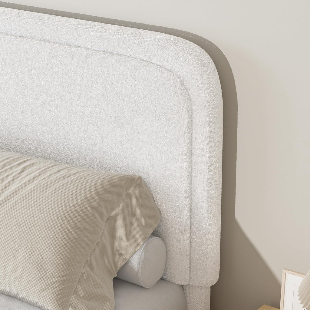 4 Ever Winner Boucle Upholstered Queen Bed Frame with Curved Headboard, White