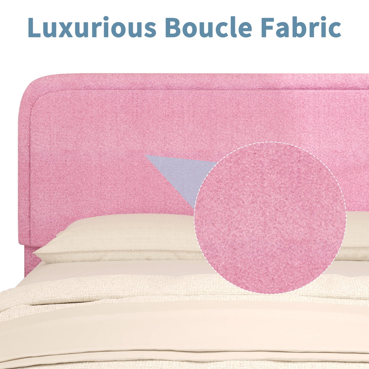 4 Ever Winner Full Size Bed Frame, Modern White Bed Frame with Headboard, Boucle Fabric Upholstered Bed Frame, Soft Curved Headboard, Pink