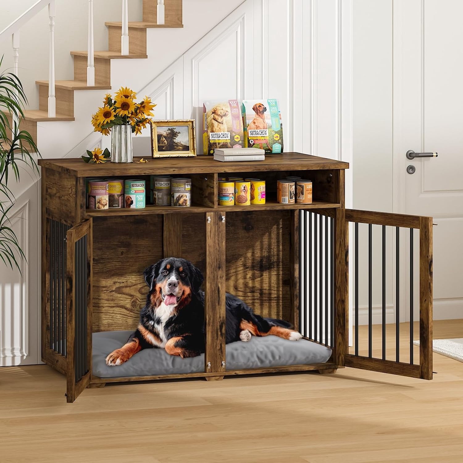 4 EVER WINNER 41 Inch Dog Crate Furniture, 2-Door Wooden Dog Crate Kennel Furniture with Divider, Indoor Dogs Kennel for Small to Medium, Rust Brown