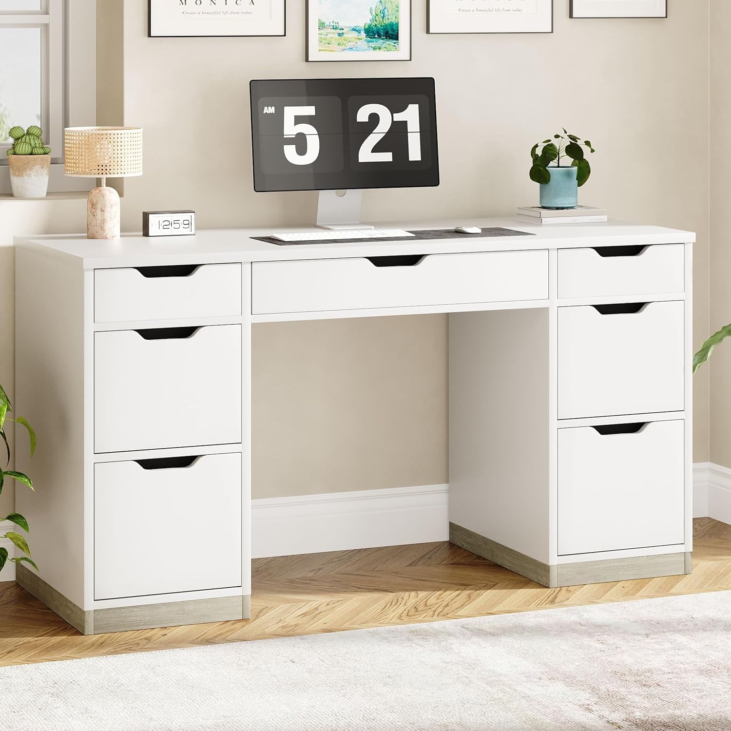 4 EVER WINNER 54" Executive Desk with Storage, Computer Desk with 7 drawers, Wood Home Office Desk with File Drawers, White