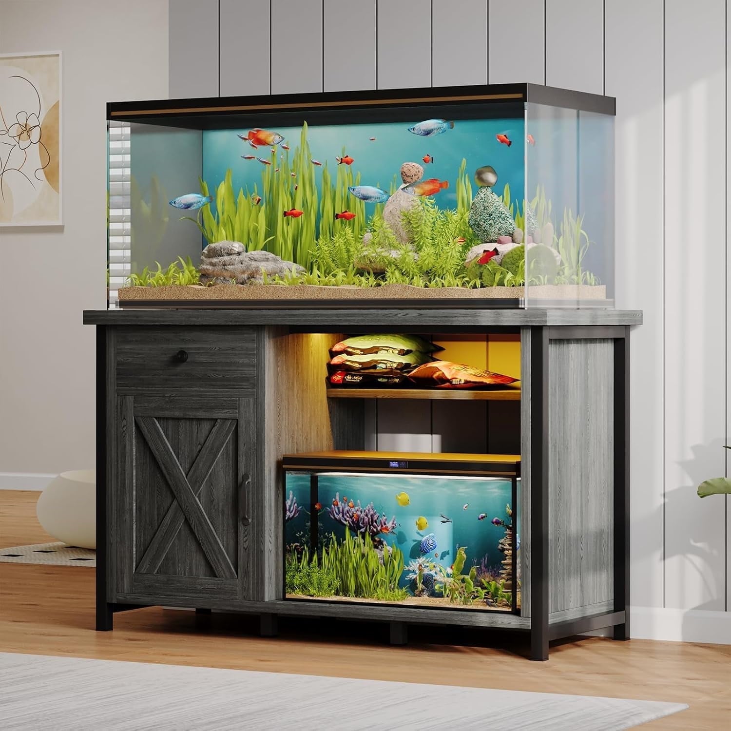 4 EVER WINNER 55-75 Gallon Aquarium Stand with Storage Cabinet & Power Outlets LED Light, Fish Tank Stand with Drawer & Barn Door, Suitable for Fish Tank Stand, Turtle Tank, Reptile Terrarium, Gray