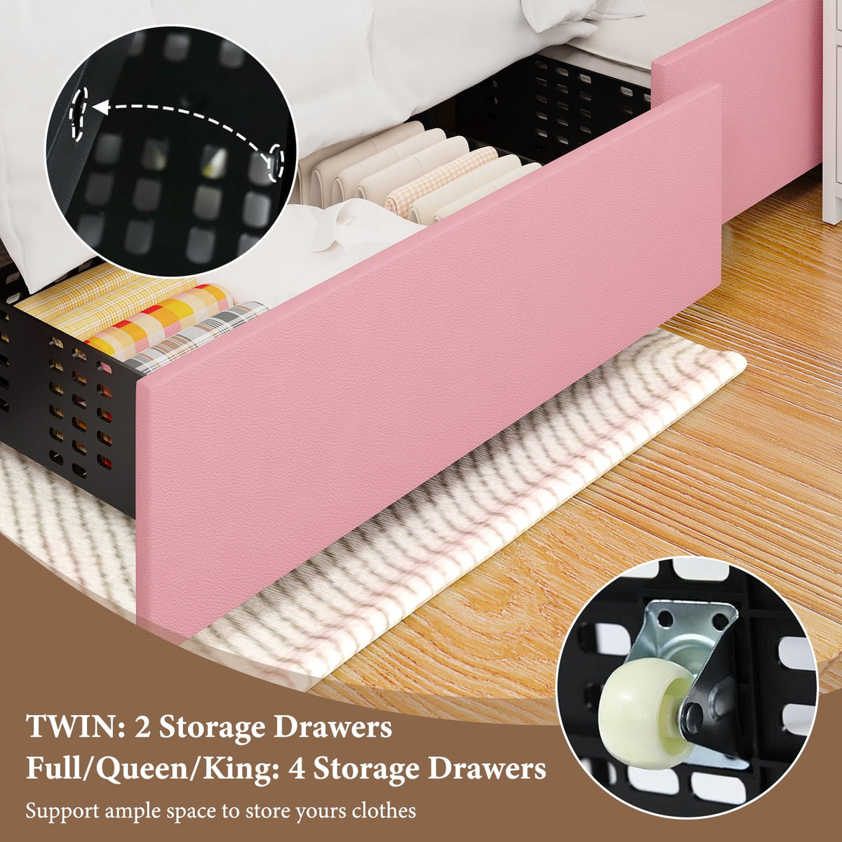 4 EVER WINNER Queen Size LED Bed Frame with 4 Drawers, Pink Queen Bed Frame with LED Light Headboard, Modern Upholstered Bed with Diamond Headboard and Footboard, Pink
