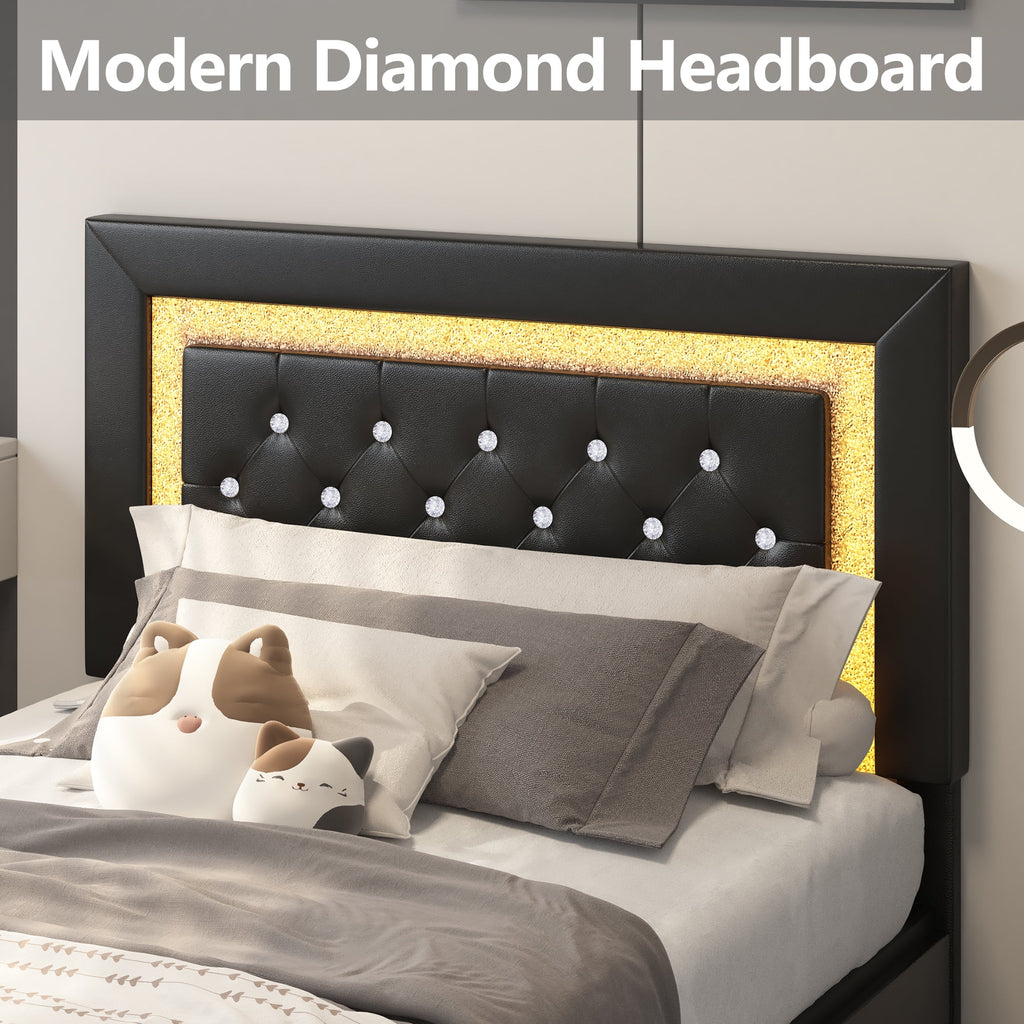 4 EVER WINNER Twin Size LED Bed Frame with Storage, Upholstered Platform Bed with 2 Drawers, Adjustable LED Lights Headboard, Black