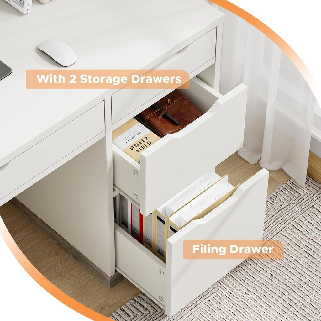 DreamCurship 48 inch Computer Desk with 4 File Drawers, Study Desk with Filing Cabinet and Storage, Home Office Desk for Work and Study, Writing Desk for Small Space, Brown