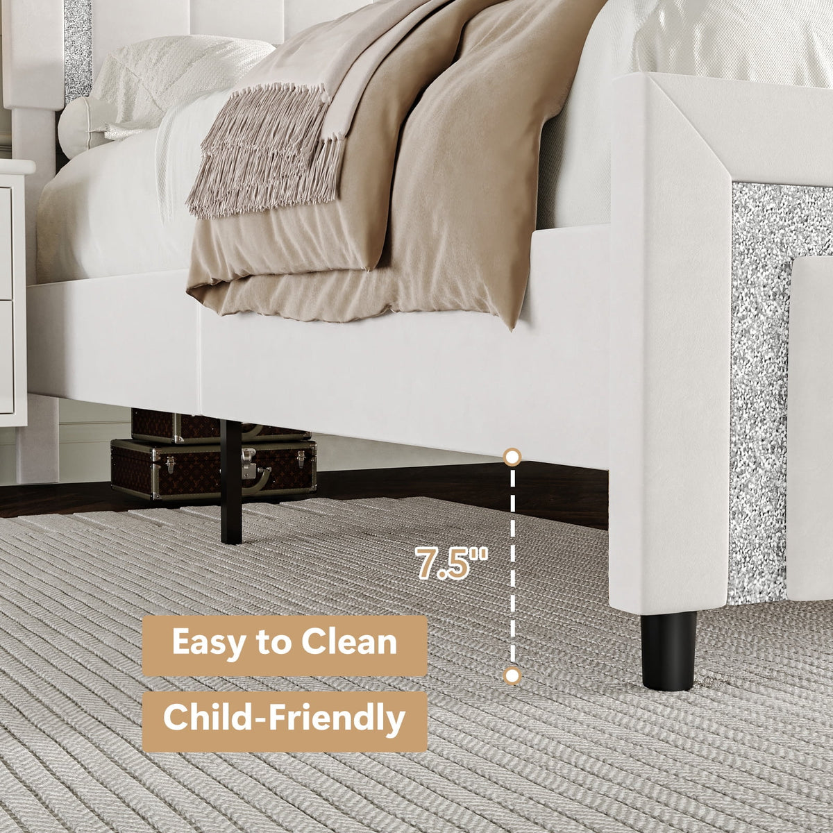 4 EVER WINNER Full Bed Frame, Velvet Upholstered Bed Frame with Diamond Headboard, White Full Size Bed Frame, White