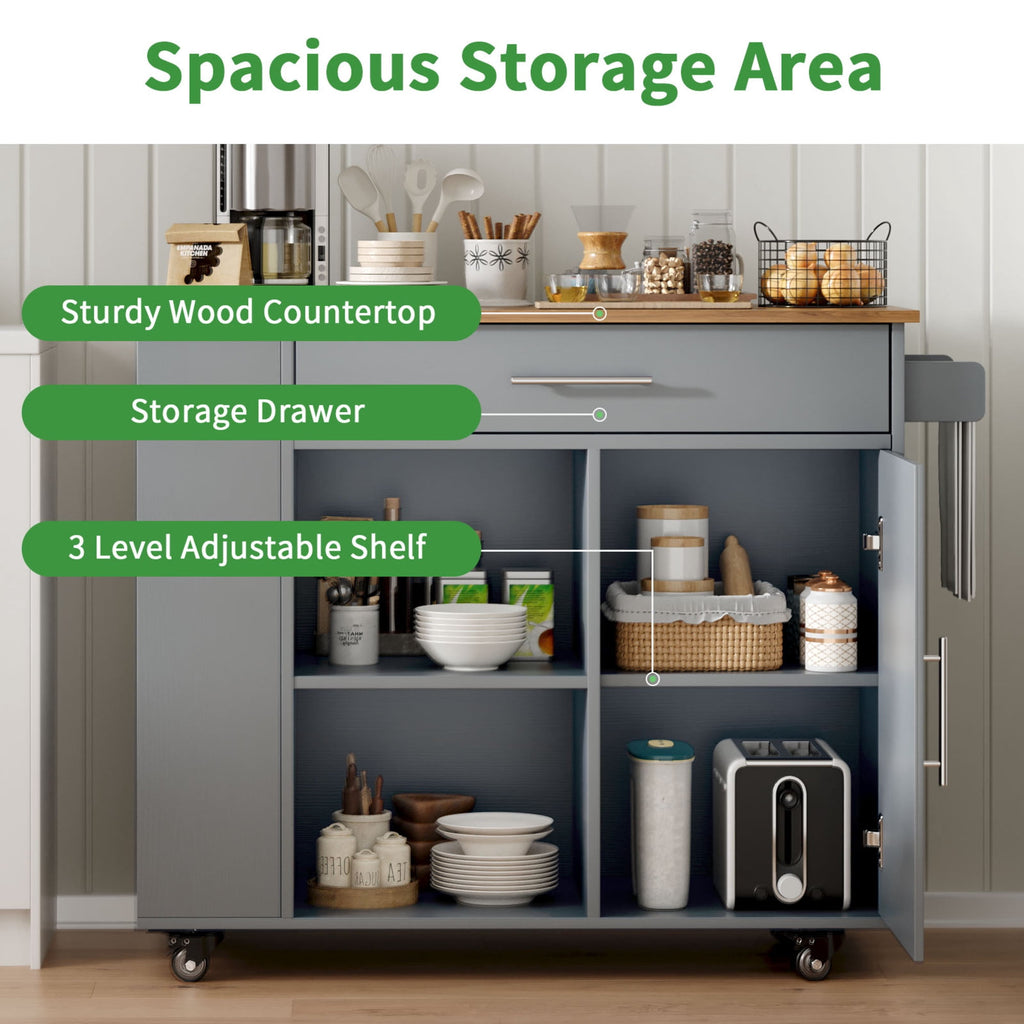 Kitchen Island on Wheels with Storage, Rolling Kitchen Cart with Spice Rack, Towel Rack, Open Shelves & Drawer, Portable Kitchen Island for Home, Grey