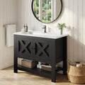4 EVER WINNER Black Bathroom Vanity with Sink, Farmhouse Storage Cabinet with X-shaped Barn Door, Ceramic Vanity Top & Open Shelf, Modern Vanity for Bathroom Laundry RoomCAAX156-35Vanity-BLACK-CAAX156