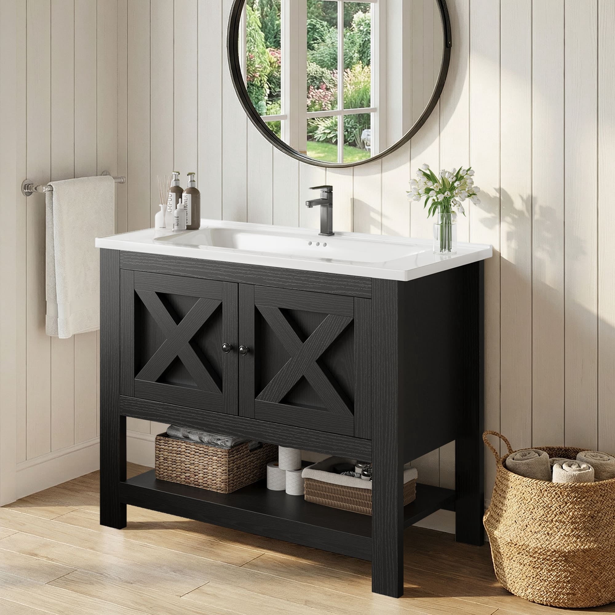 4 EVER WINNER Black Bathroom Vanity with Sink, Farmhouse Storage Cabinet with X-shaped Barn Door, Ceramic Vanity Top & Open Shelf, Modern Vanity for Bathroom Laundry RoomCAAX156-35Vanity-BLACK-CAAX156