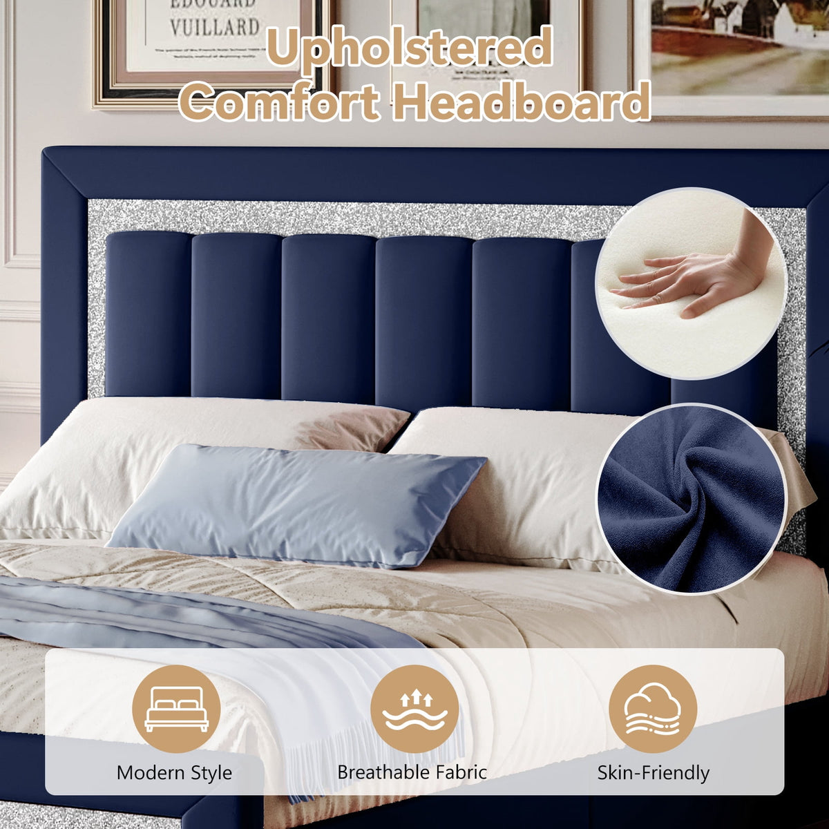 4 EVER WINNER Full Bed Frame with Headboard, Velvet Upholstered Platform Bed Frame Full Size with Diamond Headboard & Footboard, Wooden Slats Support, No Box Spring Required, Easy Assembly, Blue