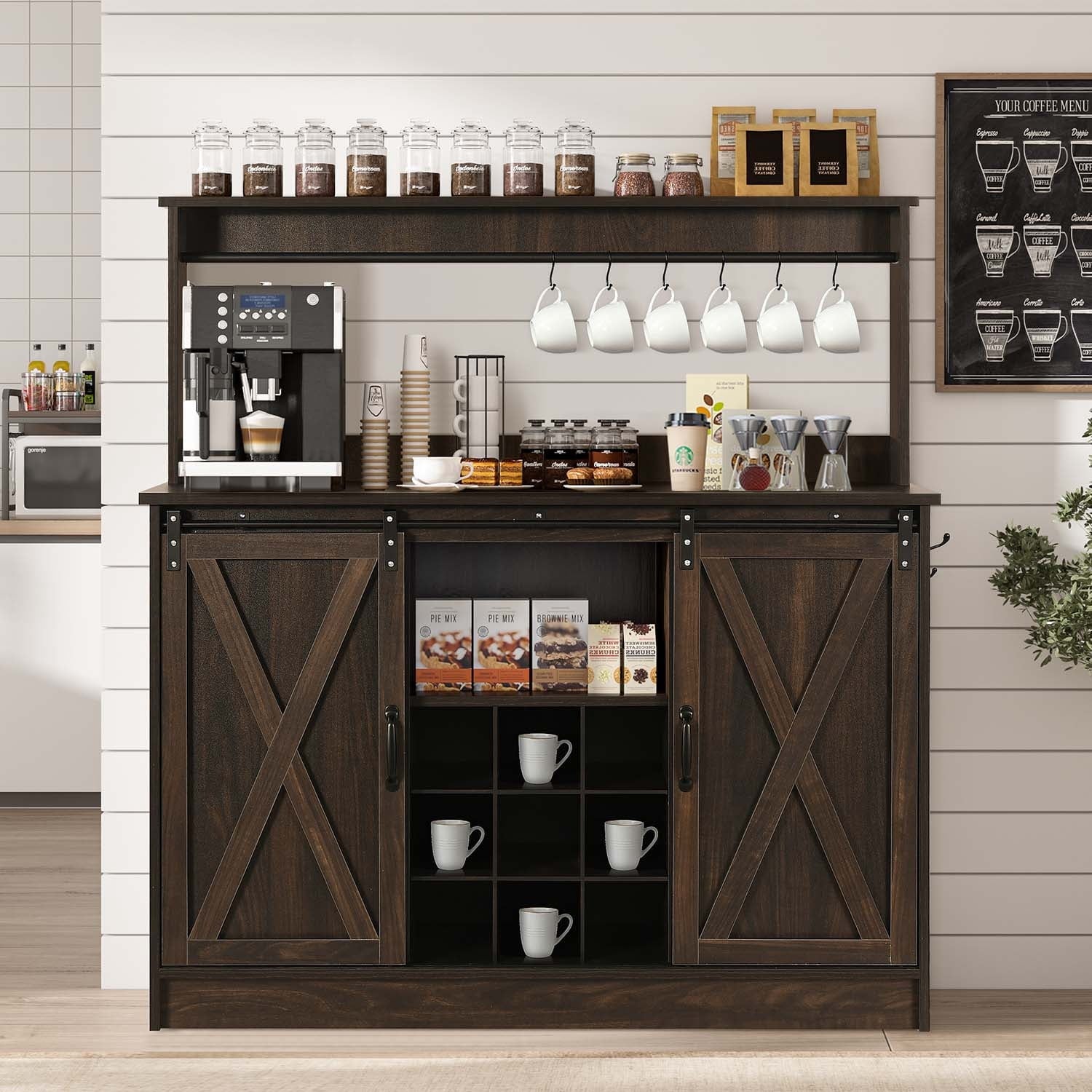 4 EVER WINNER Farmhouse Coffee Bar Cabinet with Storage, 47" Buffet Cabinet Kitchen Storage Cabinet with Hutch, Coffee Station, Dark Oak