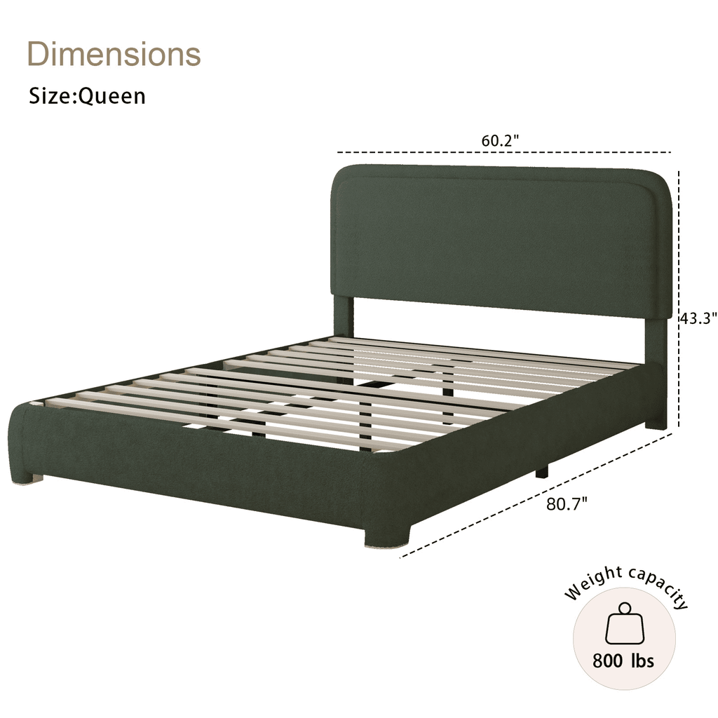4 EVER WINNER Queen Size Bed Frame, Boucle Upholstered Bed Frame with Headboard, No Box Spring Required, Easy Assembly, Green