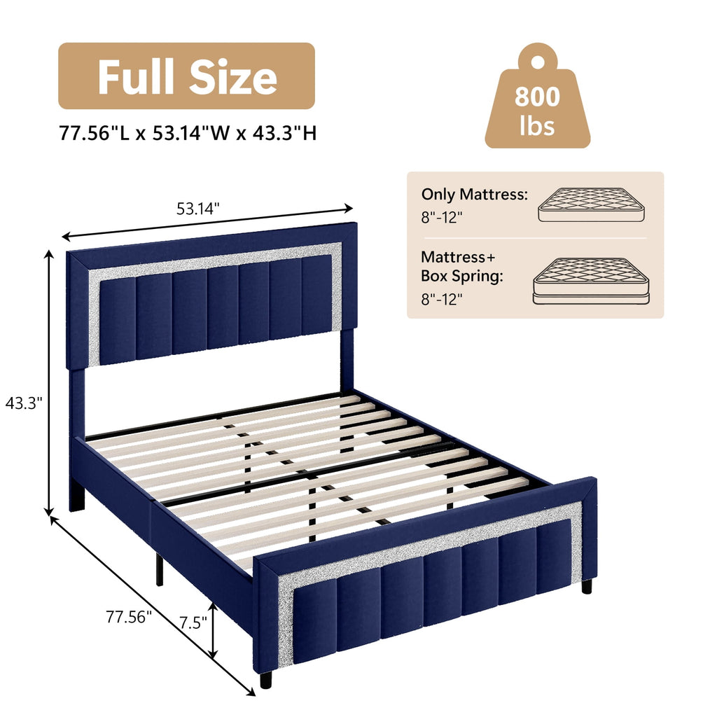 4 EVER WINNER Full Bed Frame with Headboard, Velvet Upholstered Platform Bed Frame Full Size with Diamond Headboard & Footboard, Wooden Slats Support, No Box Spring Required, Easy Assembly, Blue