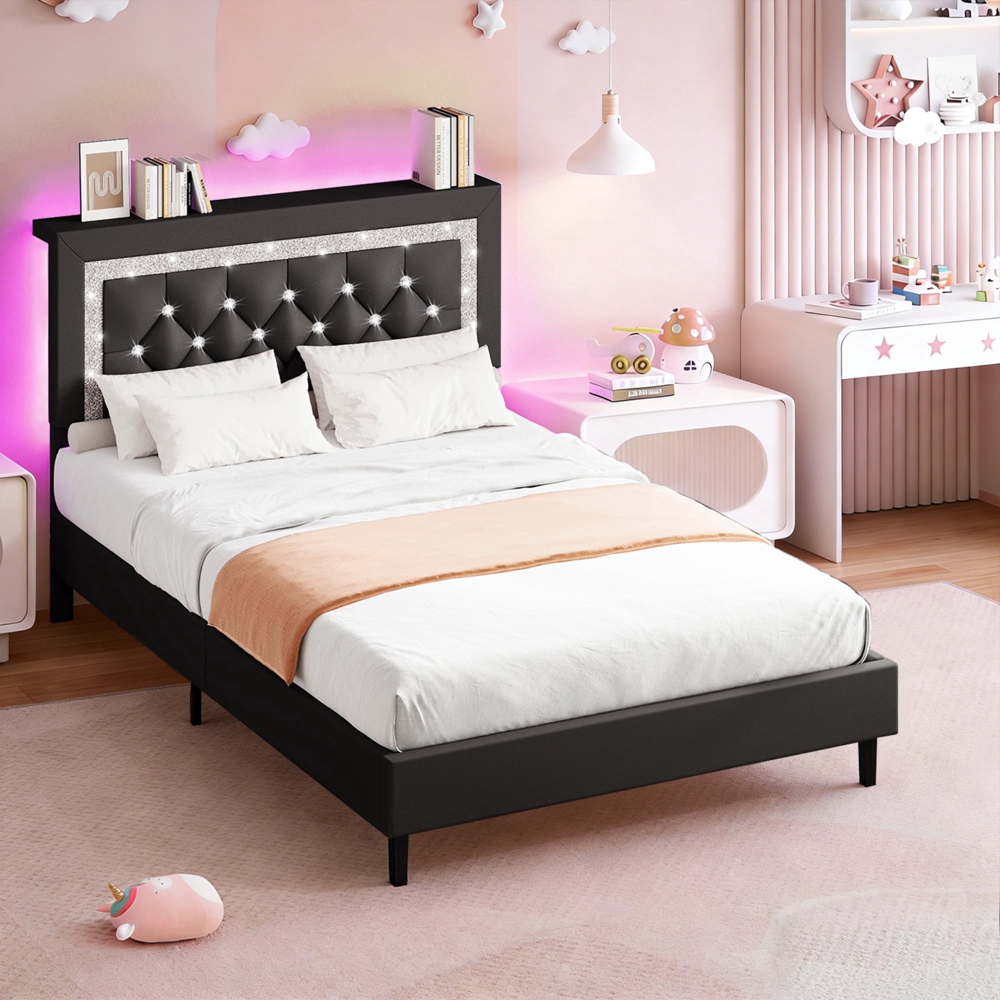 4 EVER WINNER Twin /Full/Queen/KIng Size Bed Frame, Upholstered Bed Frame with Headboard, No Box Spring Required, Easy AssemblyBEAX942-JCXZLEDZW-BT-BEAX942