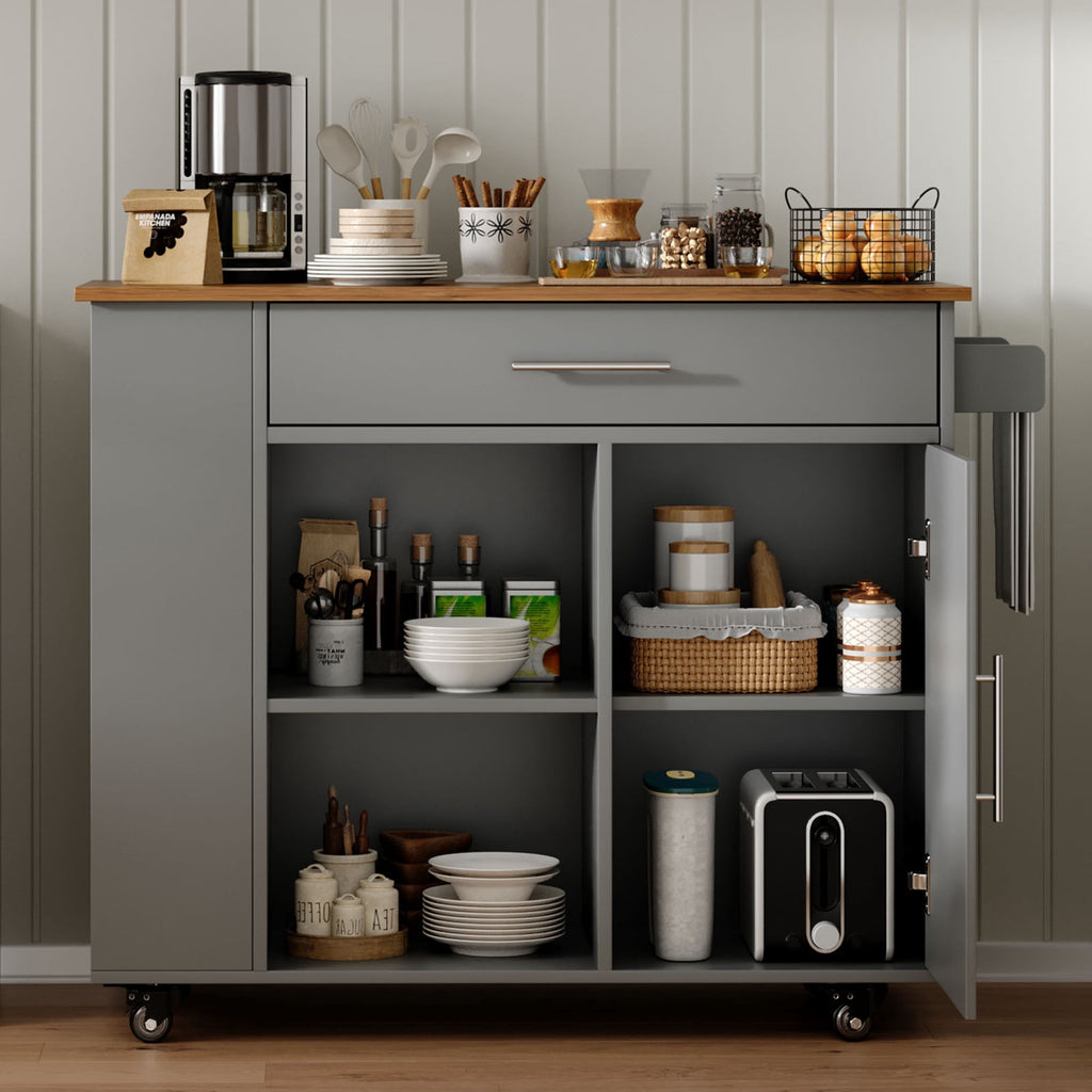 Kitchen Island on Wheels with Storage, Rolling Kitchen Cart with Spice Rack, Towel Rack, Open Shelves & Drawer, Portable Kitchen Island for Home, Grey