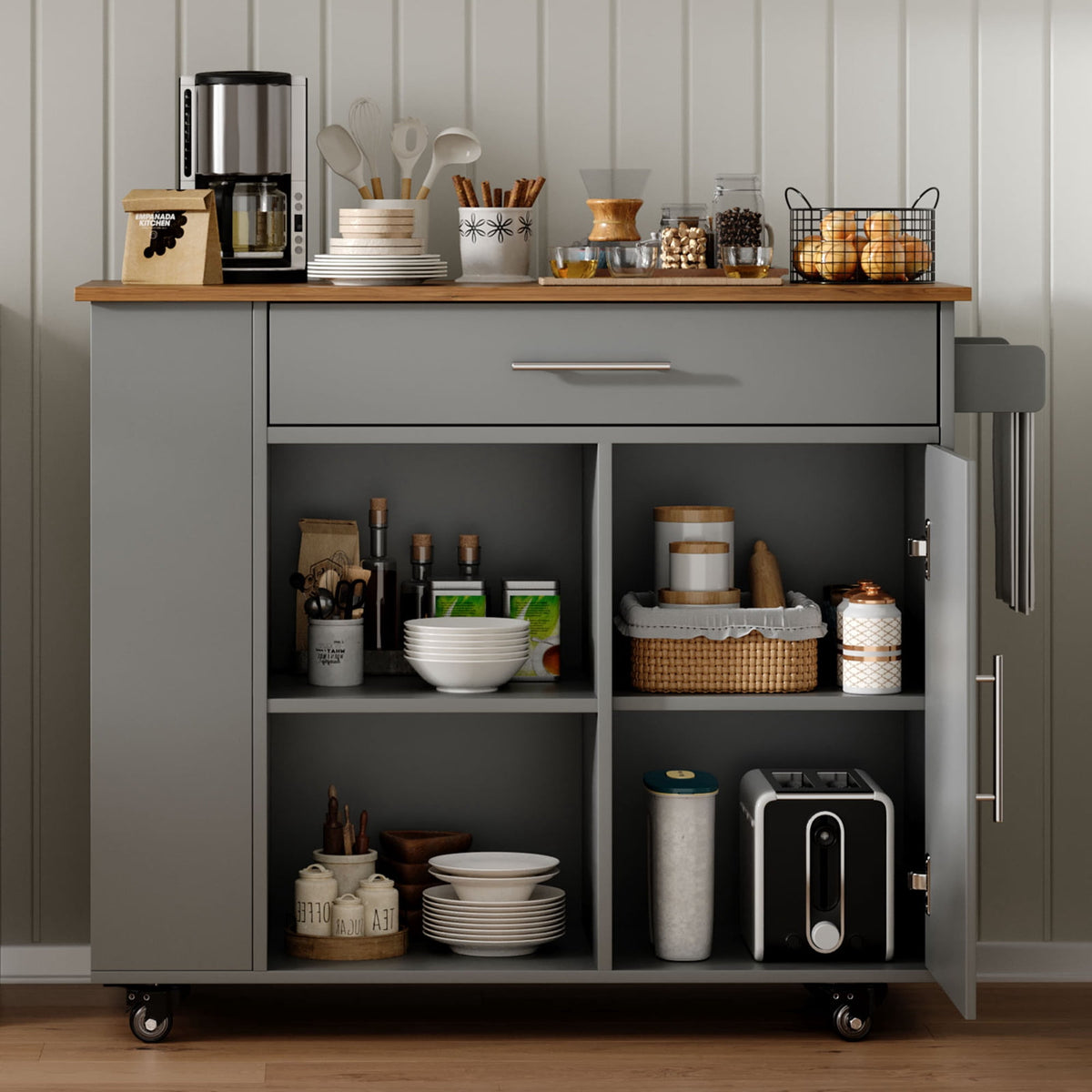 Kitchen Island on Wheels with Storage, Rolling Kitchen Cart with Spice Rack, Towel Rack, Open Shelves & Drawer, Portable Kitchen Island for Home, Grey