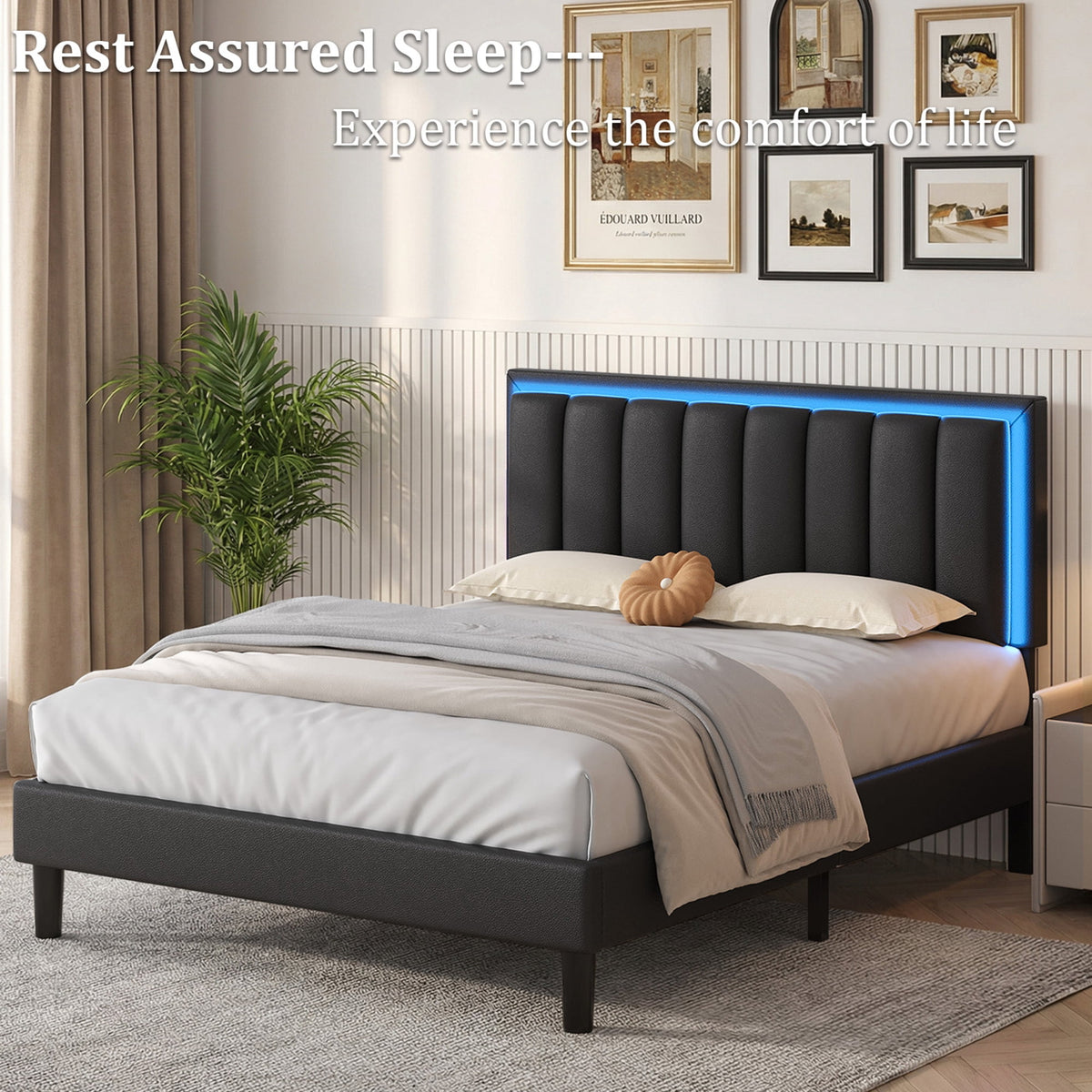 4 EVER WINNER Queen Black LED Upholstered Bed Frame, PU Soft Cushion Headboard, Stable Structure, No Box Spring Required, Quick Assembly for Home