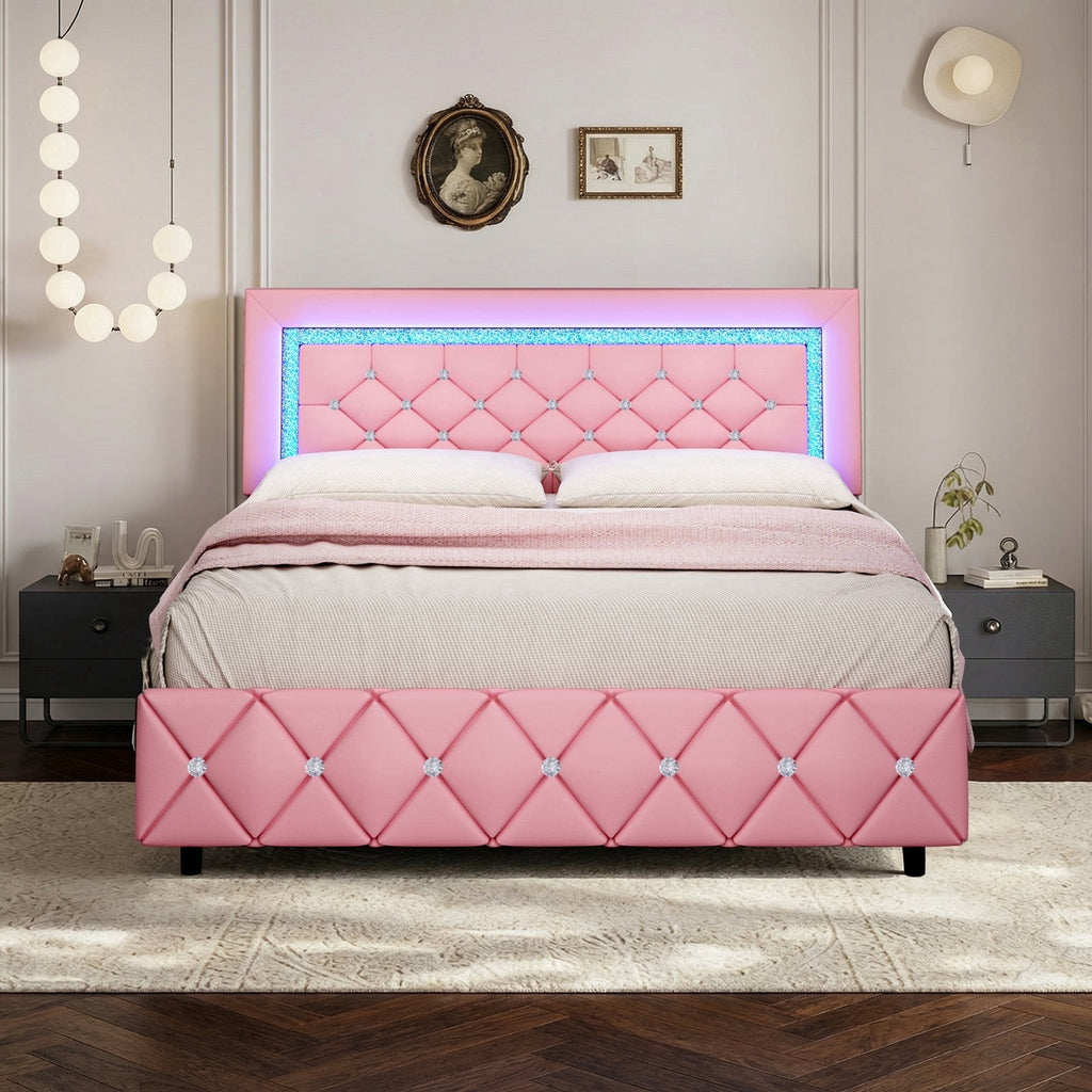 4 EVER WINNER Queen Size LED Bed Frame with 4 Drawers, Pink Queen Bed Frame with LED Light Headboard, Modern Upholstered Bed with Diamond Headboard and Footboard, Pink