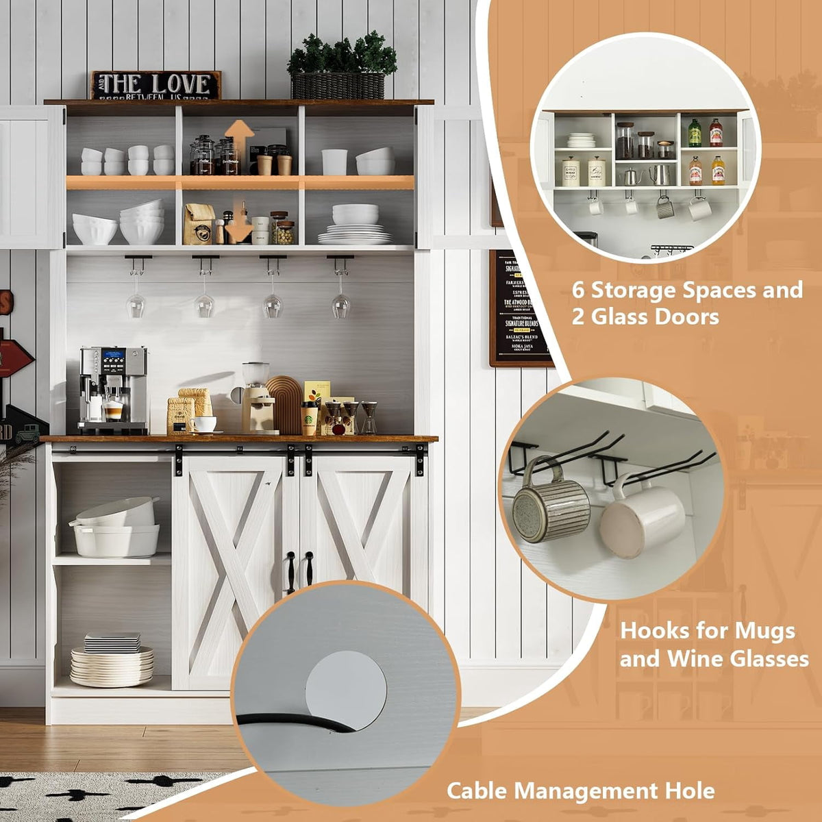 DreamCurship 72" Kitchen Pantry Cabinet with Microwave Stand, Freestanding Cupboard Storage Cabinet, Tall Buffet Cabinet with Hutch, Stemware Rack & Adjustable Shelves, White