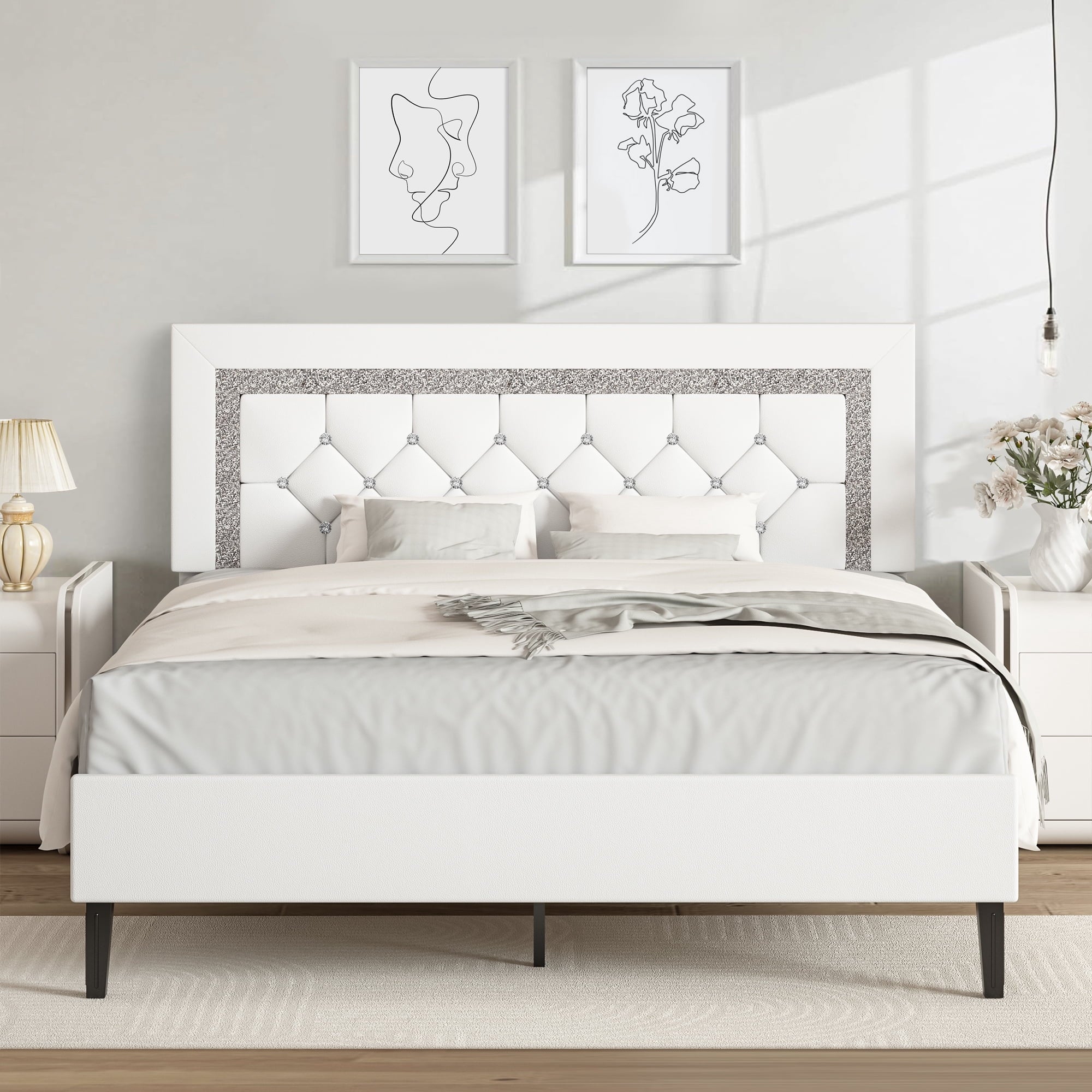 4 EVER WINNER Twin /Full/Queen/KIng Size Bed Frame, Upholstered Bed Frame with Headboard, No Box Spring Required, Easy AssemblyBEAX423-TMDIAMOND-WF