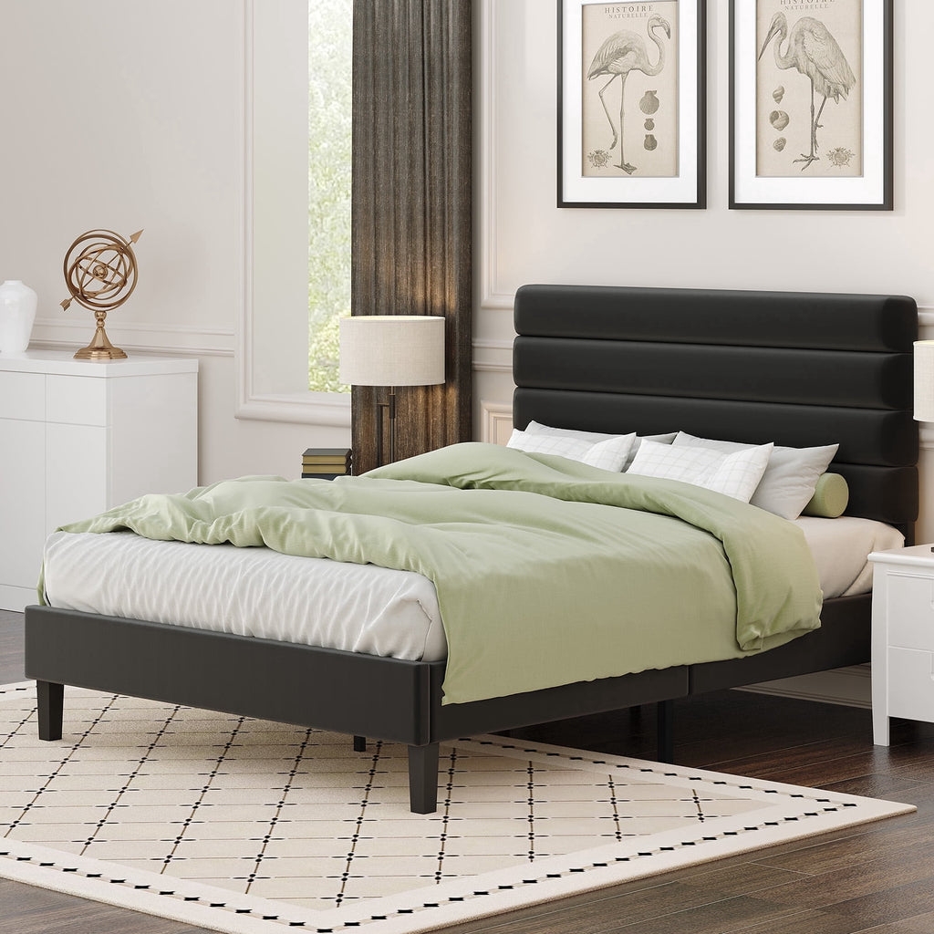 4 EVER WINNER Full Platform Bed Frame, Horizontal Stitched Black Velvet Headboard, Heavy-Duty Slat Support, Noise-Free Mattress Foundation, No Box Spring