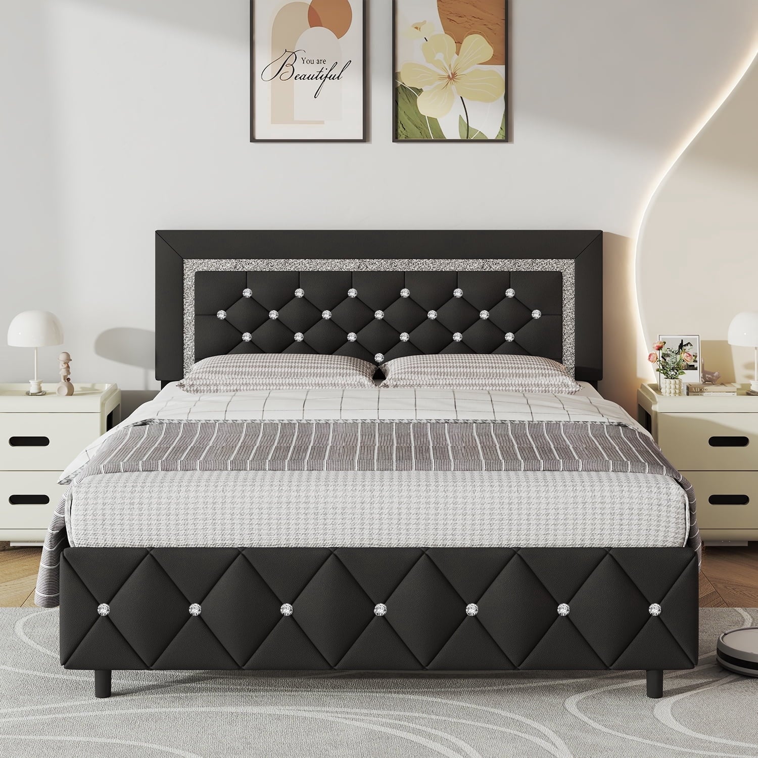 4 EVER WINNER Twin /Full/Queen/KIng Size Bed Frame, Upholstered Bed Frame with Headboard, No Box Spring Required, Easy AssemblyBE0285-DiamondXZ-BQ