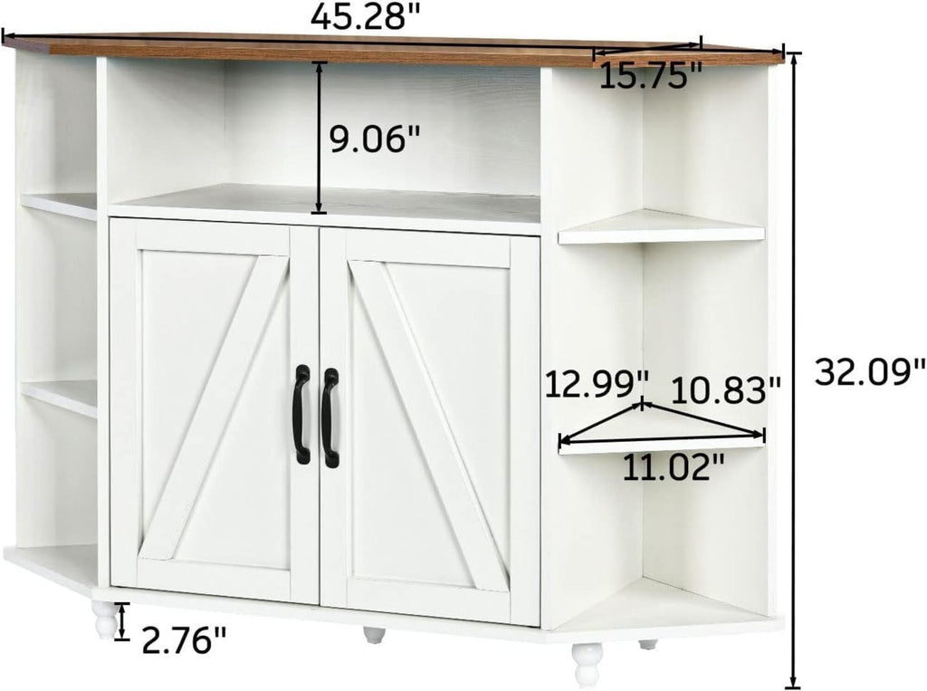 Corner TV Stand for 50 Inch TV, Farmhouse Entertainment Center with Storage & Power Outlet, TV Console Cabinet and Barn Door for Living Room&Study&Playroom, White