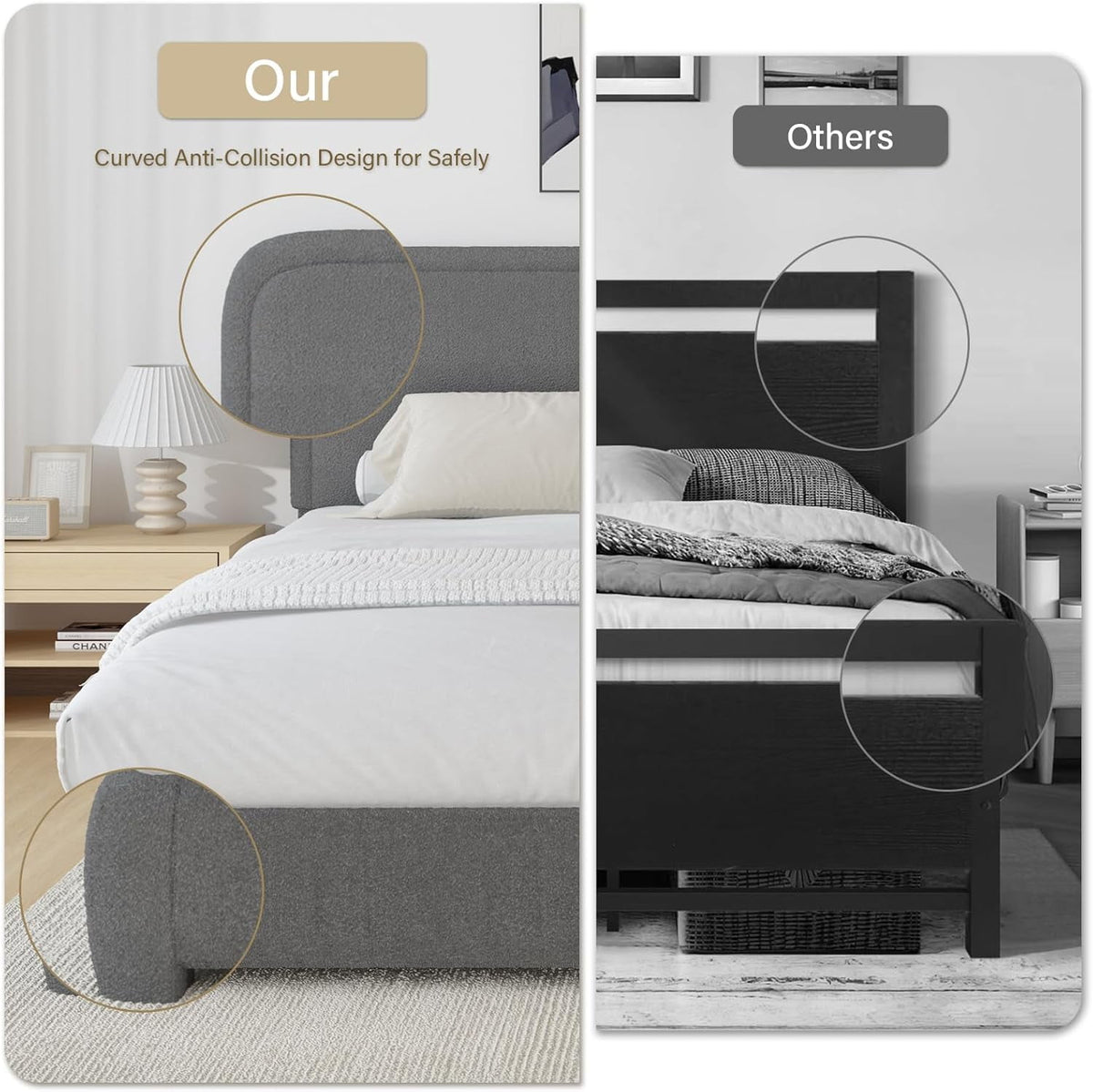 4 EVER WINNER King Size Bed Frame, Modern White Bed Frame with Headboard, Boucle Fabric Upholstered Bed Frame, Soft Curved Headboard, Gray