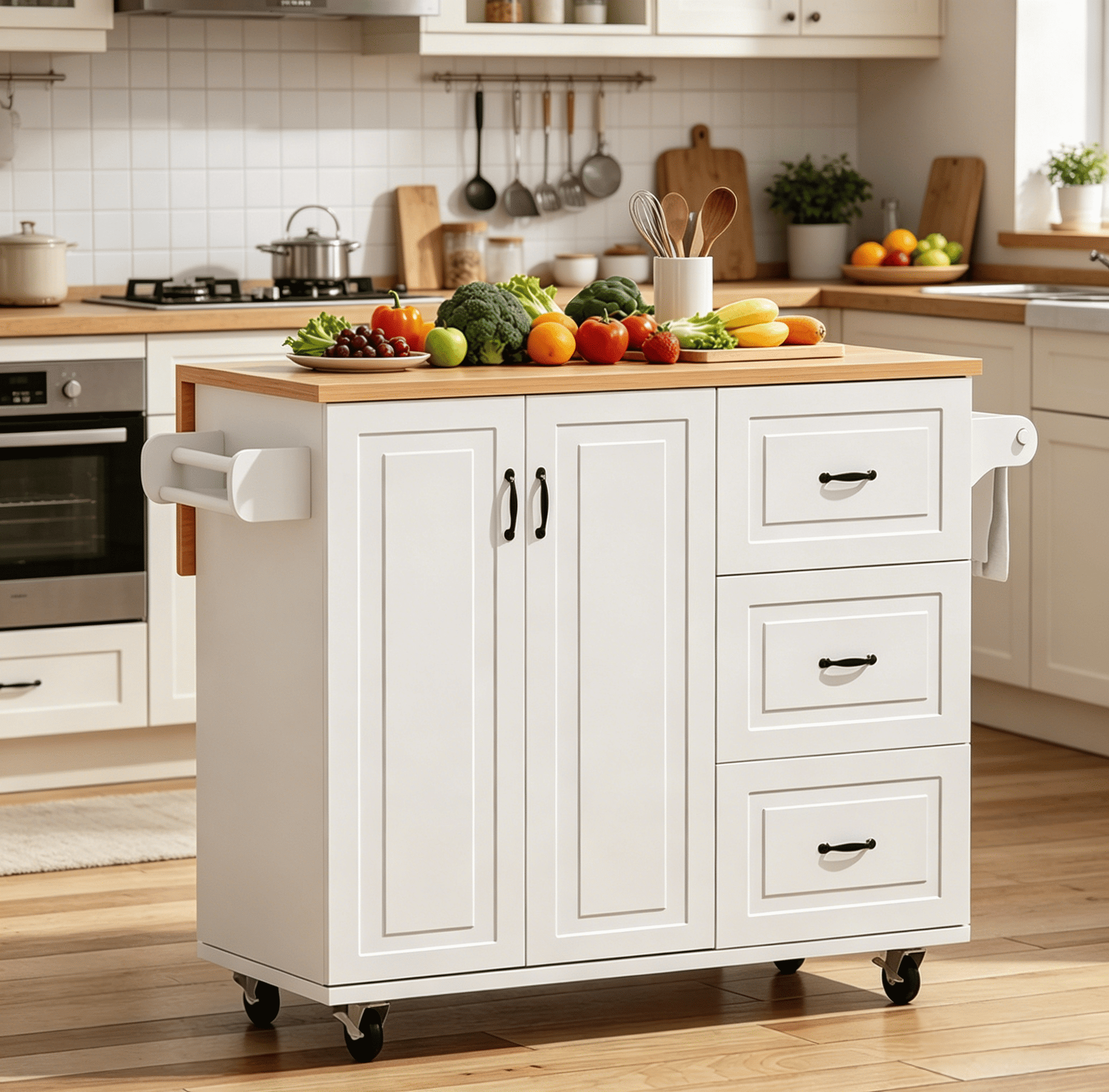 4 EVER WINNER Kitchen Island on Wheels, Drop Leaf Kitchen Island Cart with Storage, Wood Countertop, Lockable Casters, White
