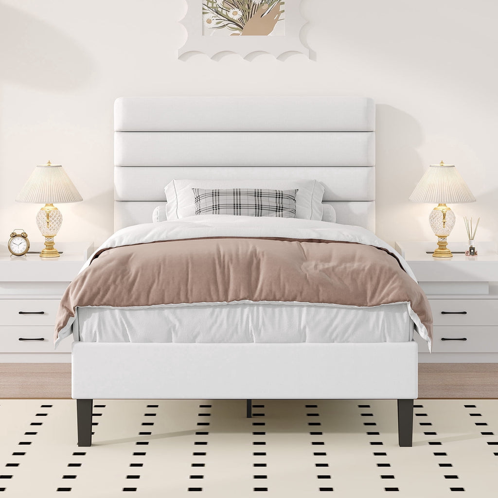4 Ever Winner Twin Size Platform Bed Frame with Velvet Upholstered Headboard and Wooden Slats Support, Fully Upholstered Mattress Foundation, Noise-Free, No Box Spring Needed, Easy Assembly, White