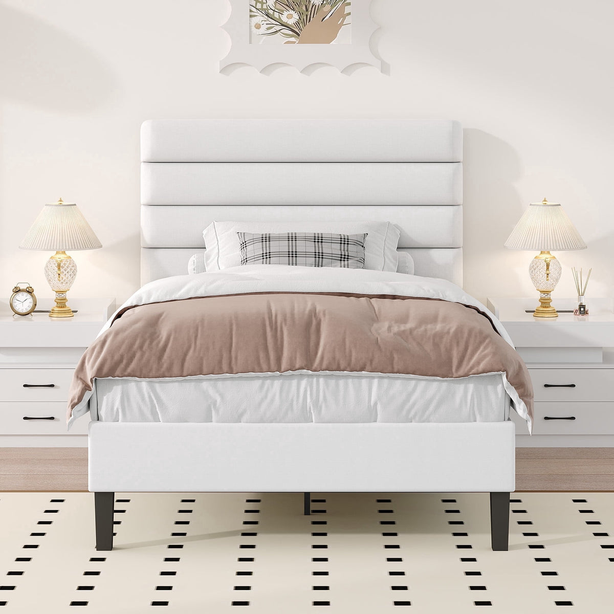 4 Ever Winner Twin Size Platform Bed Frame with Velvet Upholstered Headboard and Wooden Slats Support, Fully Upholstered Mattress Foundation, Noise-Free, No Box Spring Needed, Easy Assembly, White