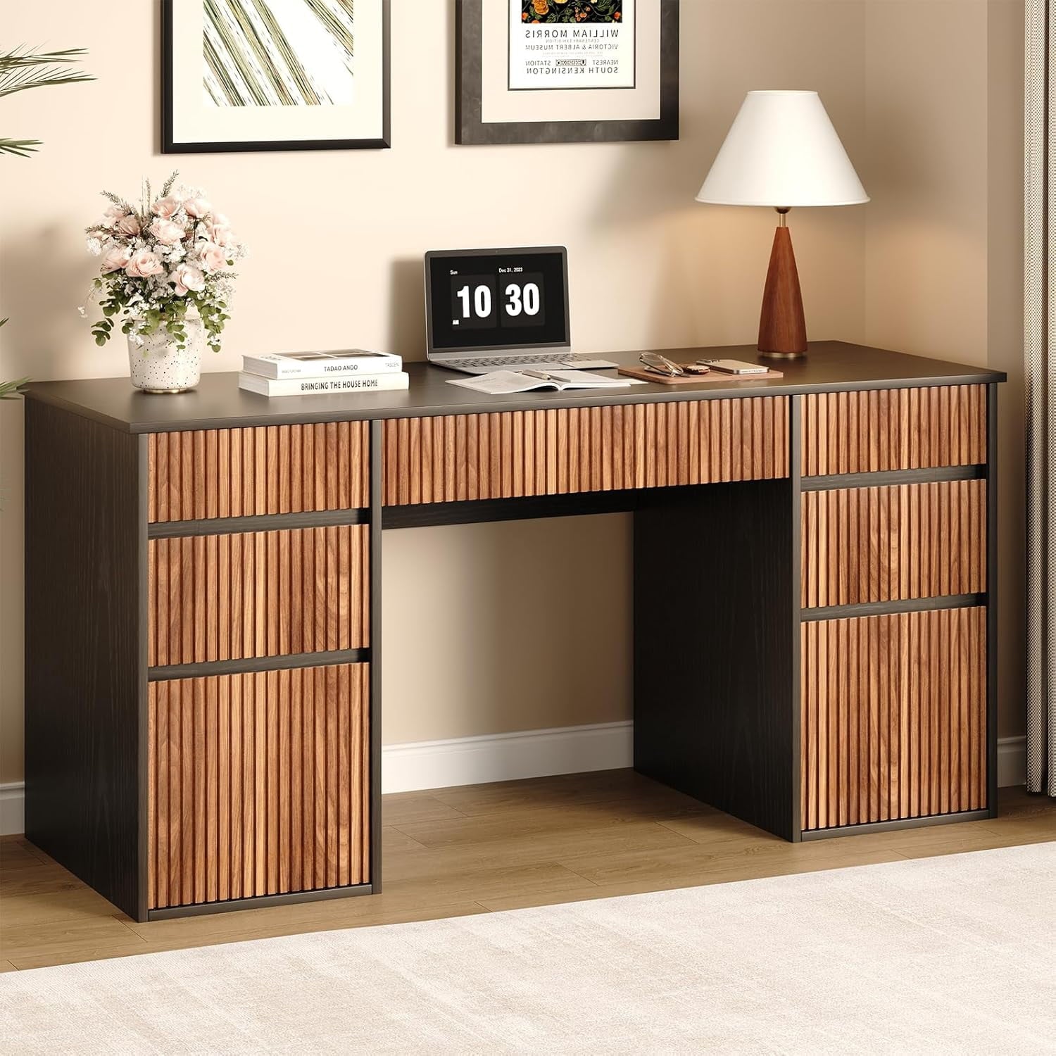 4 EVER WINNER 58 Inch Black Executive Office Desk, Modern Computer Study Table with 7 File Storage Drawers, Multifunctional Workstation Desk for Bedroom, Living Room and Home Office, Black