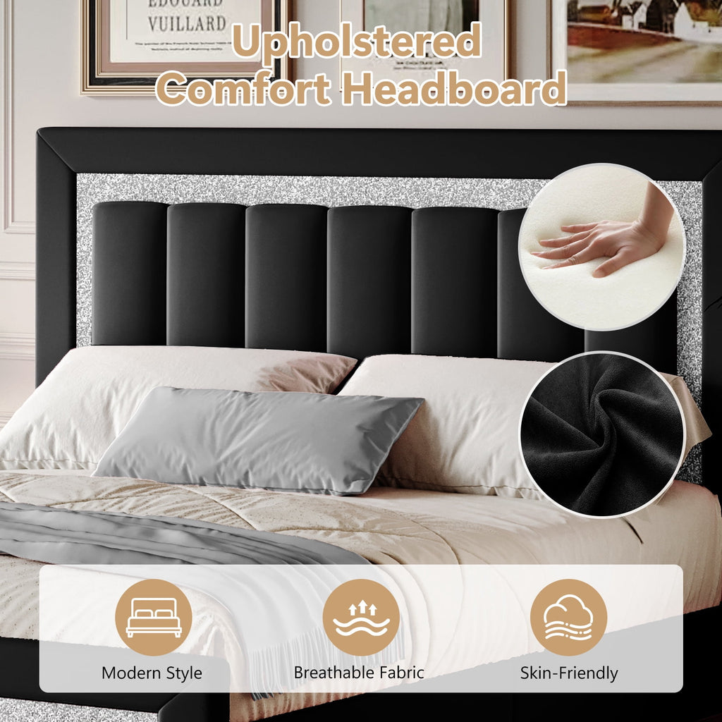 4 Ever Winner Full Bed Frame, Velvet Upholstered Bed Frame with Diamond Headboard, Black Full Size Bed Frame, Black