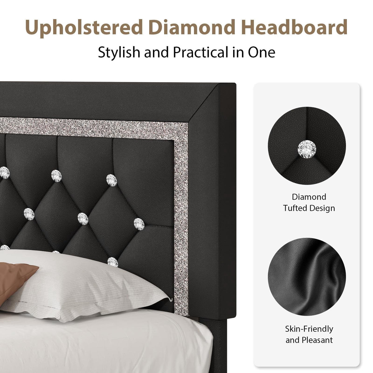 4 EVER WINNER Modern Black Twin Bed Frame with Diamond Tufted Headboard, Upholstered Platform Bed with Glitz Accent, Heavy-Duty Wood Slat Support, No Box Spring Needed, Tool-Free Assembly