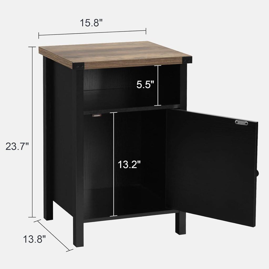 Farmhouse Nightstand Set of 2, Rustic End Table with Storage Cabinet and Shelf, End Table Set of 2 for Bedroom Living Room, Wood Night Stand Side Table, Black