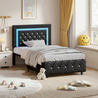 4 EVER WINNER Twin Size LED Bed Frame with Storage, Upholstered Platform Bed with 2 Drawers, Adjustable LED Lights Headboard, Black